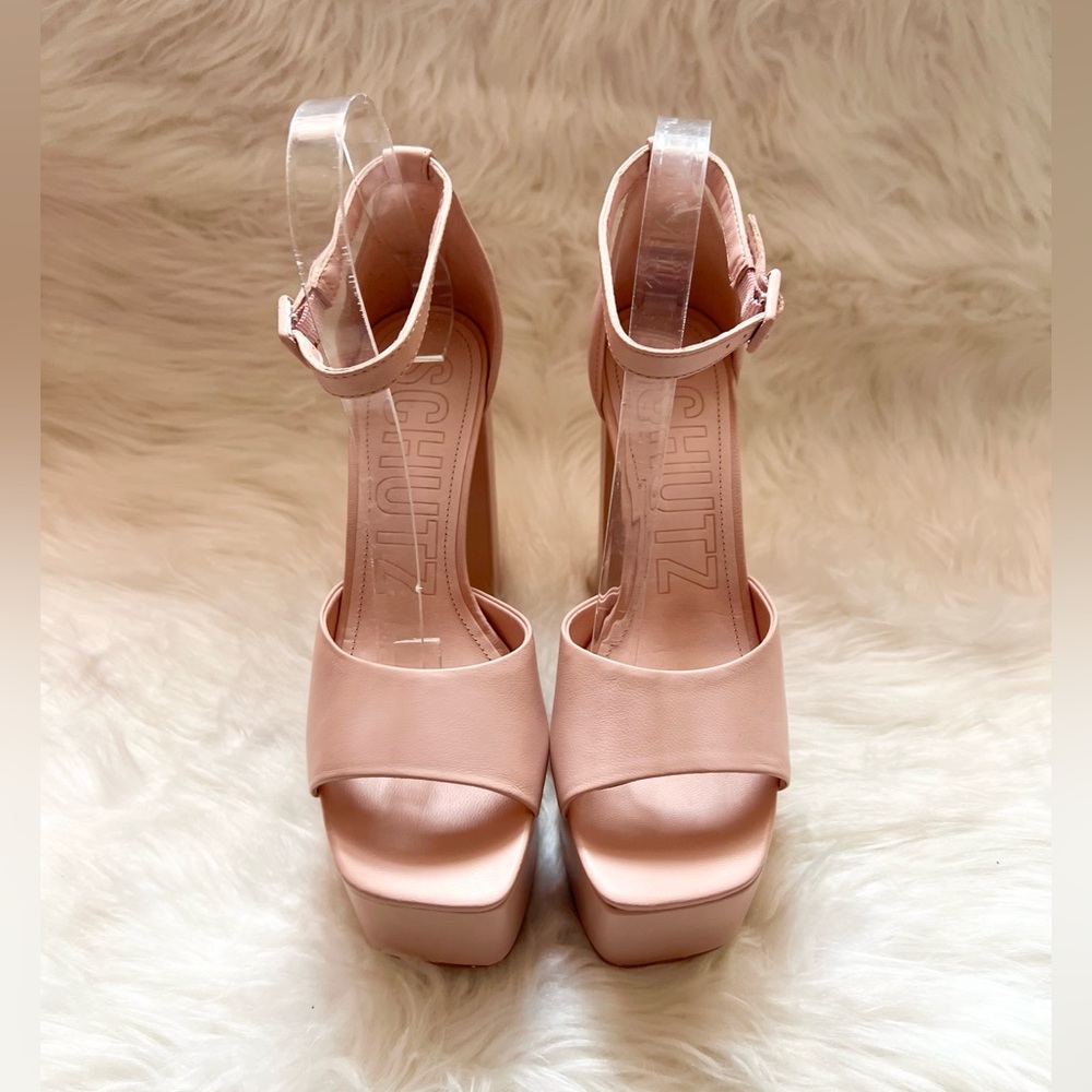 New! SCHUTZ Elsie Leather Platform Square Heel Sandals - Picture 8 of 15